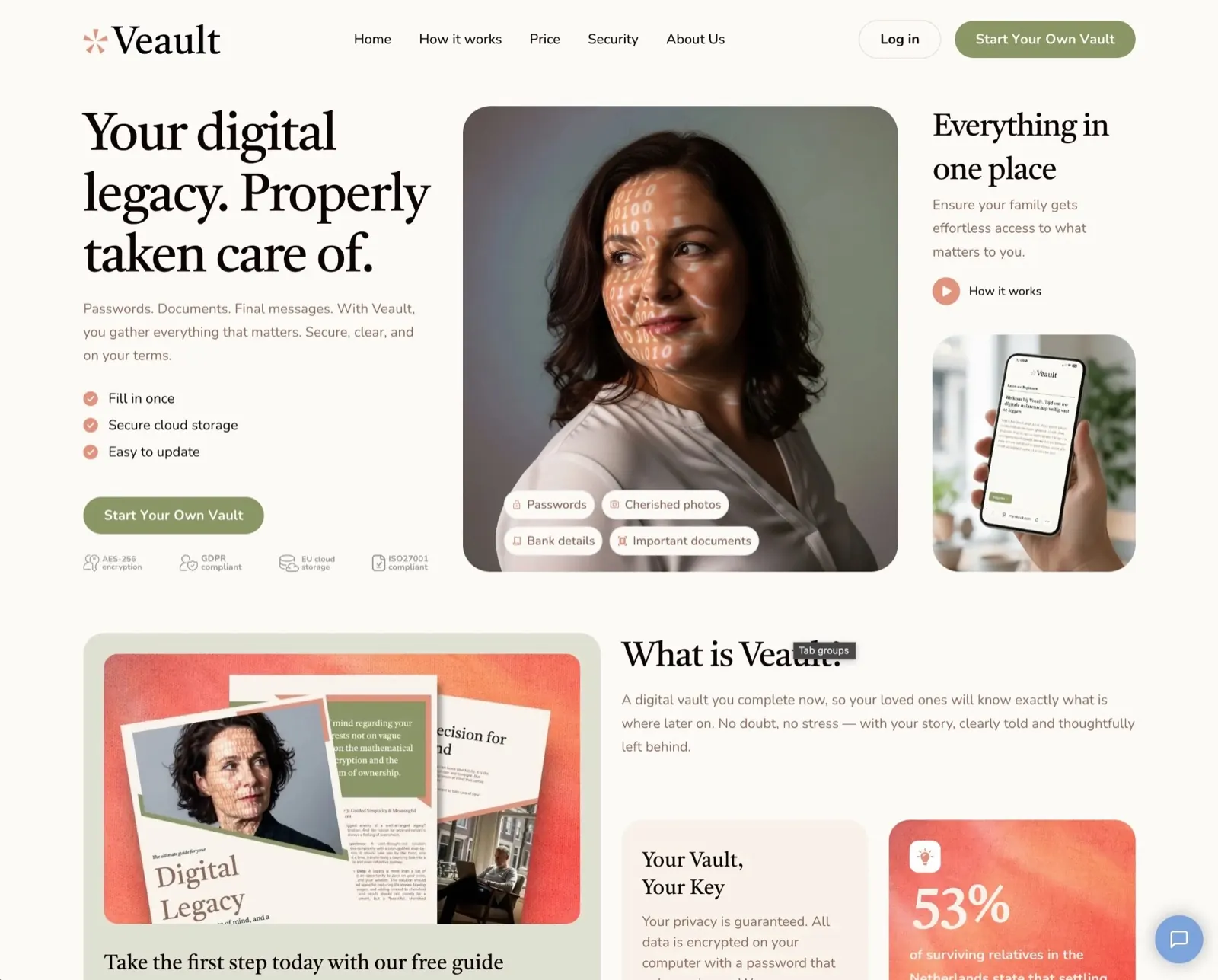 The veault.com homepage: Your digital legacy. Properly taken care of.